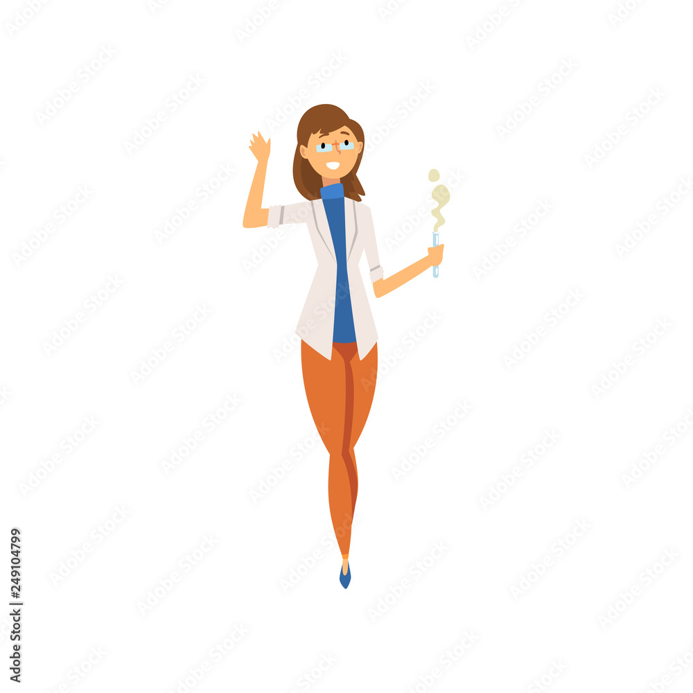 Woman Scientist in White Coat Holding Test Fask, Female Chemist Character Vector Illustration Woman Scientist in White Coat Holding Test Fask, Female Chemist Character Vector Illustration