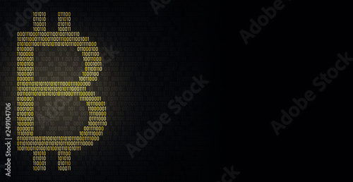 Bitcoin symbol. 3D Illustration of gold Bitcoin logo on the dark digital background with a stream of binary matrix code on the screen numbers of the computer matrix. The concept of coding.