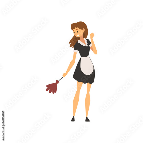Smiling Maid Standing with Duster, Housemaid Character Wearing Classic Uniform with Black Dress and White Apron Vector Illustration