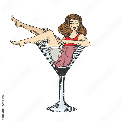 Young sexy beauty woman sit on high martini cocktail glass color sketch engraving vector illustration. Scratch board style imitation. Black and white hand drawn image.
