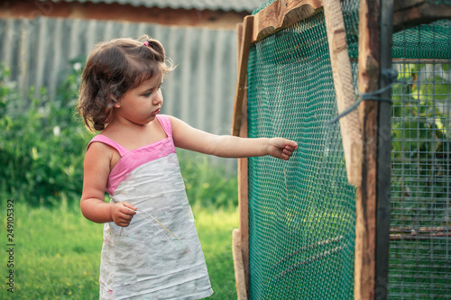 Sad country girl in old dress near barn for chickens