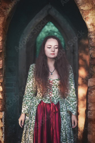 Beautiful girl in long medieval dress in ruins