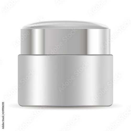 Silver Cream Jar. Plastic Cosmetic Container Mockup. Body Scrub or Moisturizer 3d Pot. Realistic Powder Canister Template.