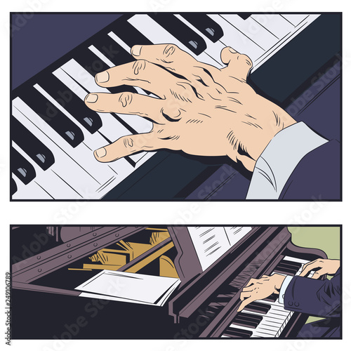 Piano player performing music. Stock illustration.