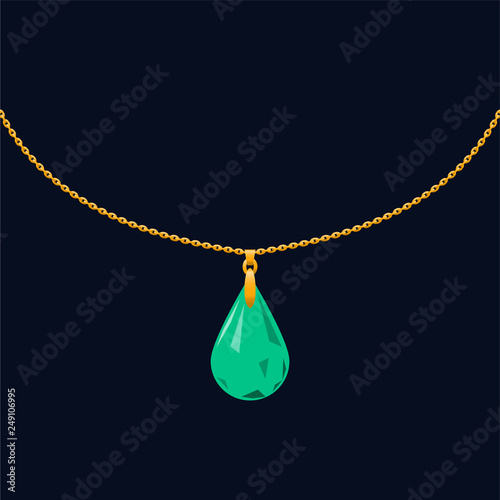 Emerald pendant icon with gold chain on dark background.