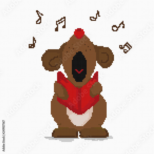 Cross-stitch dog loudly sings a musical greeting. Cell.Vector