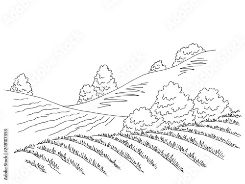 Field hill graphic black white landscape sketch illustration vector