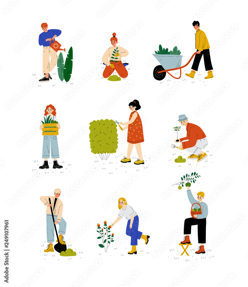 People Working in Garden or Farm Set, Girls and Guys Planting Seedlings, Watering and Caring for Plants, Vector Illustration