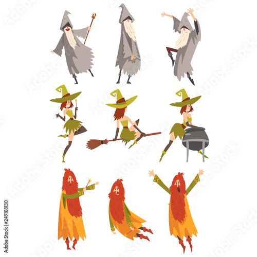 Sorcerers Practicing Wizardry Set  Wizards and Withes Characters in Different Poses Vector Illustratio