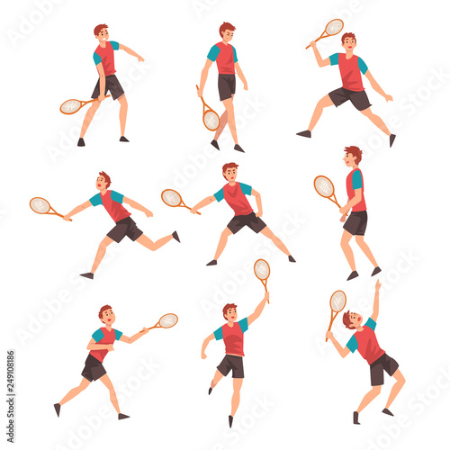 Young Man Playing Tennis Set, Professional Sportswoman Character Wearing Sports Uniform in Action Vector Illustration © topvectors