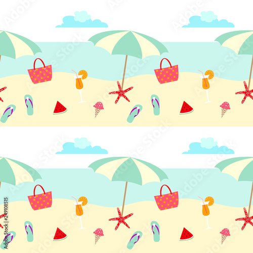 Summer pattern design with umbralla , beach, sea, fruits, and holiday symbols.