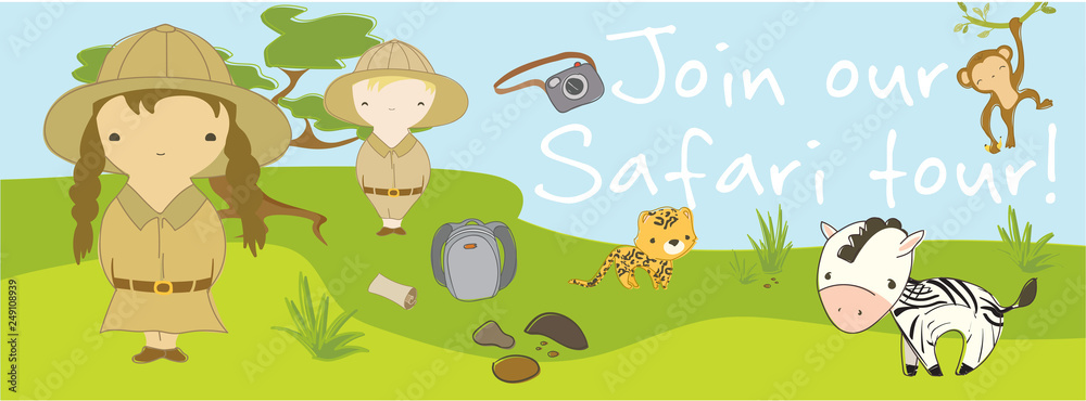 Obraz premium Safari tour scene. Two kids discover safari life. Cute hand drawn vector illustration. Minimalistic kid style facebook cover template. For your company presentation, promotion or other purposes.