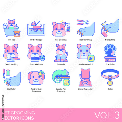 Pet grooming icons including spa, hydrotherapy, ear cleaning, nail trimming, buffing, teeth brushing, breath refresh, outfit, blueberry facial, paw balm, polish, feather hair accessory, exotic, gland 