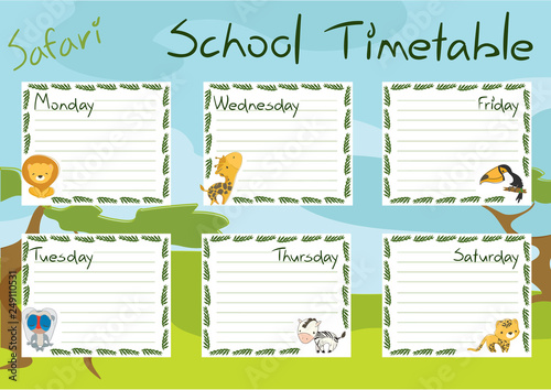 School timetable template. Minimalistic kid style safari concept. Hand drawn vector illustration.