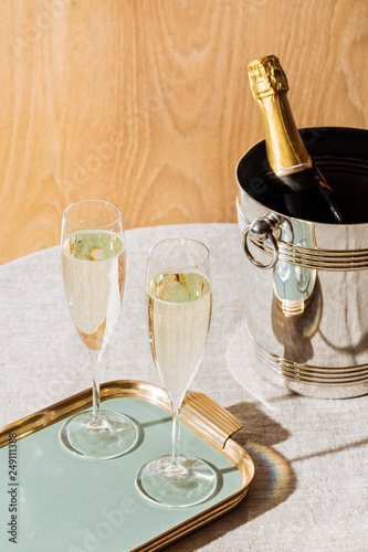 Flutes filled with sparkling Prosecco, in pop contemporary style. Prosecco is a white sparkling wine cultivated and produced in Valdobbiadene-Conegliano area.