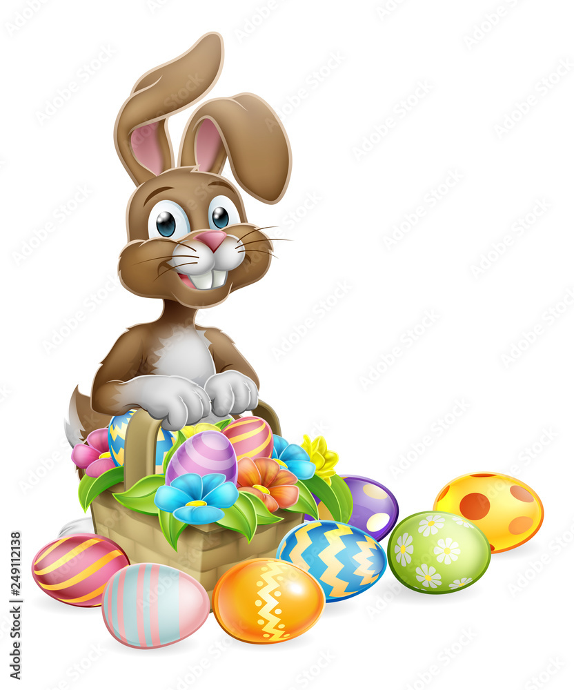 Poster Affiche An Easter bunny rabbit cartoon character with a basket on an Easter egg hunt 33.3x40 cm