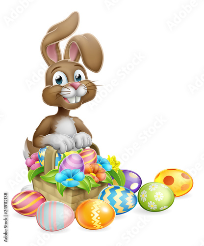 An Easter bunny rabbit cartoon character with a basket on an Easter egg hunt
