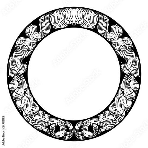 A laurel leaf filigree crest floral Frame pattern motif woodcut graphic design element.