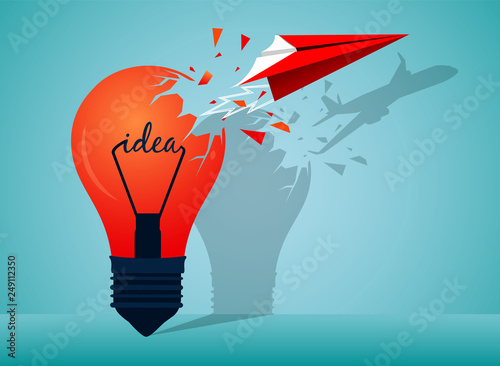 think outside the box. red paper plane ejected from the lamp launch there is a shadow on the wall as an airplane. go to success goal. startup business concept. creative idad. icon illustration vector