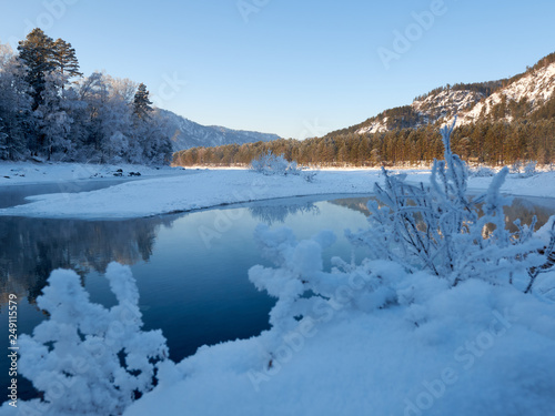 River flowing among the mountains in winter sunny day frosty banks of the plant covered with snow and hoarfrost.
