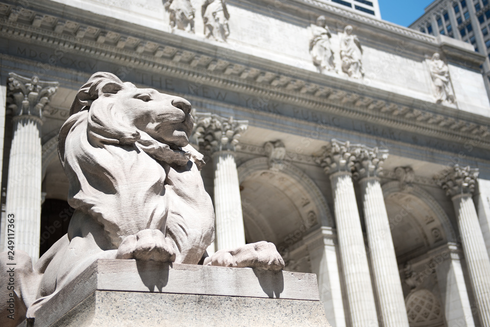 Iconic lion on the New York public Library in NYC, Manhattan