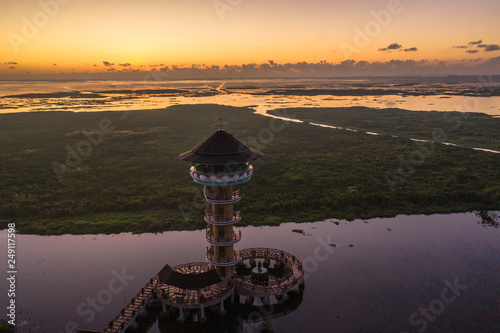 aerial view above Thale Noi bird watching tower in Phatthalung. Thale Noi is the second of largest lake in Thailand. the lake is an abundant food a source for waterfowl habitat a source of sea food.