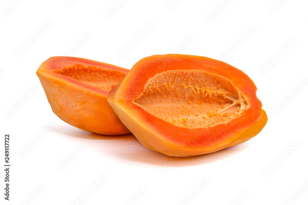 half cut ripe papaya seedless isolated on white background half cut ripe papaya seedless isolated on white background