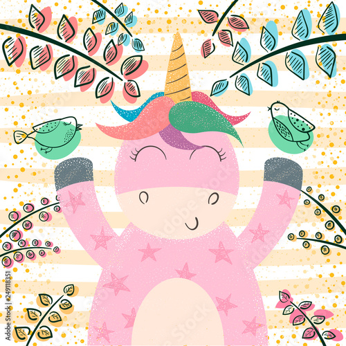 Cute unicorn in the magic forest.