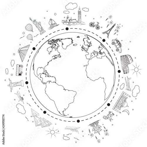 Travel black and white sketch. Earth  with attractions and trip transport. Vector illustration for travel agency.