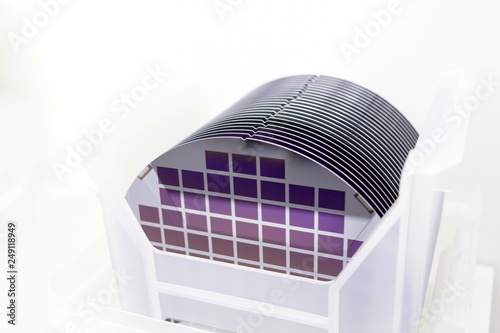 Schilderij op canvas Silicon Wafers in white plastic holder box on a table- A wafer is a thin slice of semiconductor material, such as a crystalline silicon, used in electronics for the fabrication of integrated circuits