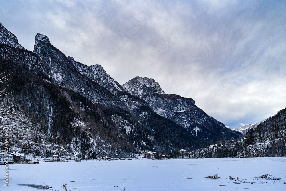 Winter mountain landscape in the mountains of the Dolomites in Italy.