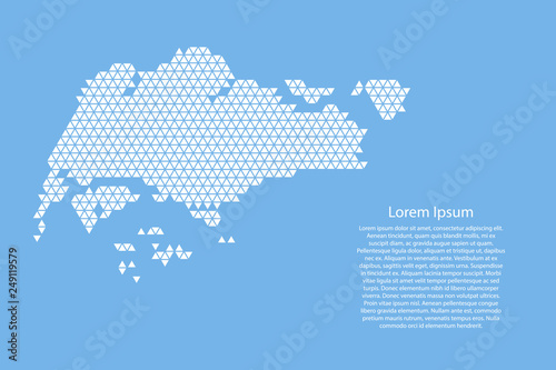 Singapore map abstract schematic from white  triangles repeating pattern geometric on light blue background with nodes for banner, poster, greeting card. Vector illustration.