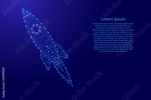 Space rocket taking off from futuristic polygonal blue lines and glowing stars for banner, poster, greeting card. Vector illustration.