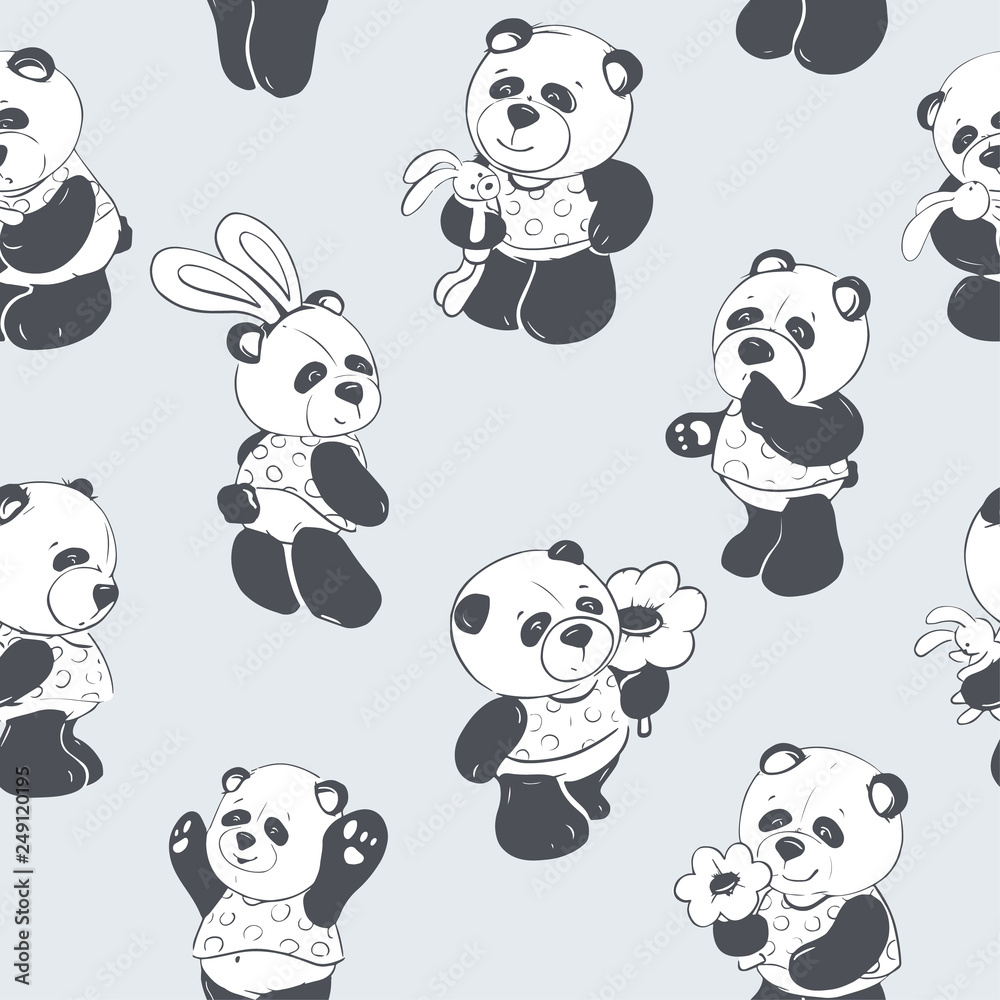 Children illustration. Seamless pattern of a cute and fun panda. Vector illustration.