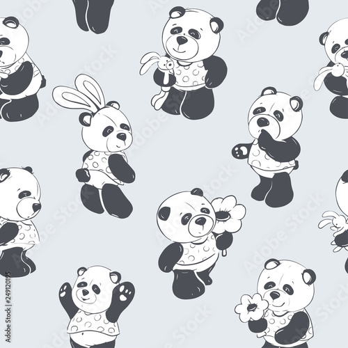 Fototapeta Naklejka Na Ścianę i Meble -  Children illustration. Seamless pattern of a cute and fun panda. Vector illustration.