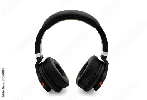 Black wireless headphones isolated on white background.
