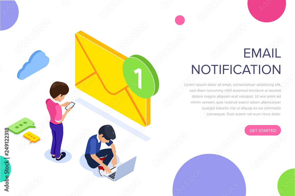 Isometric flat email notification concept. Email marketing at work