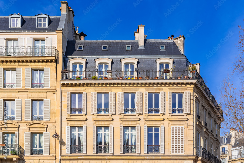 Fototapeta premium Paris, ancient buildings, typical facades boulevard Pereire