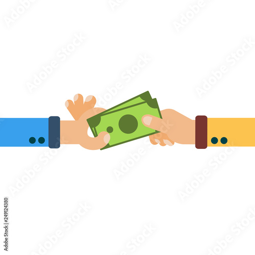 Hands hold cash money, financial bills. Concept of financial operations with cash, investments and savings, deposits, money turnover, funding, bribe, donation, payday. Vector flat illustration
