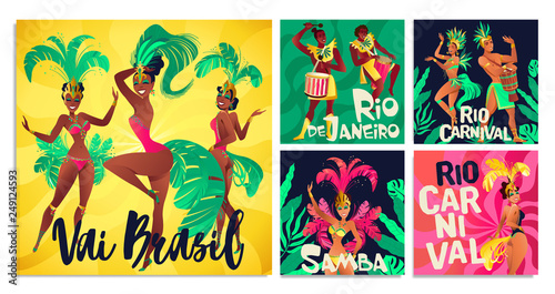 Brazilian samba posters. Carnival in Rio de Janeiro dancers wearing a festival costume is dancing. Vector illustration.