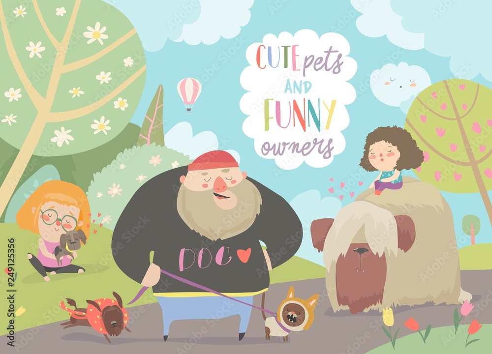 Naklejka premium Funny owners walking with their cute pets