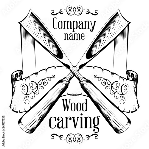 Woodcarving logotype Illustration with a chisel, cutting a wood slice, vintage style logo, black and white isolated engraving