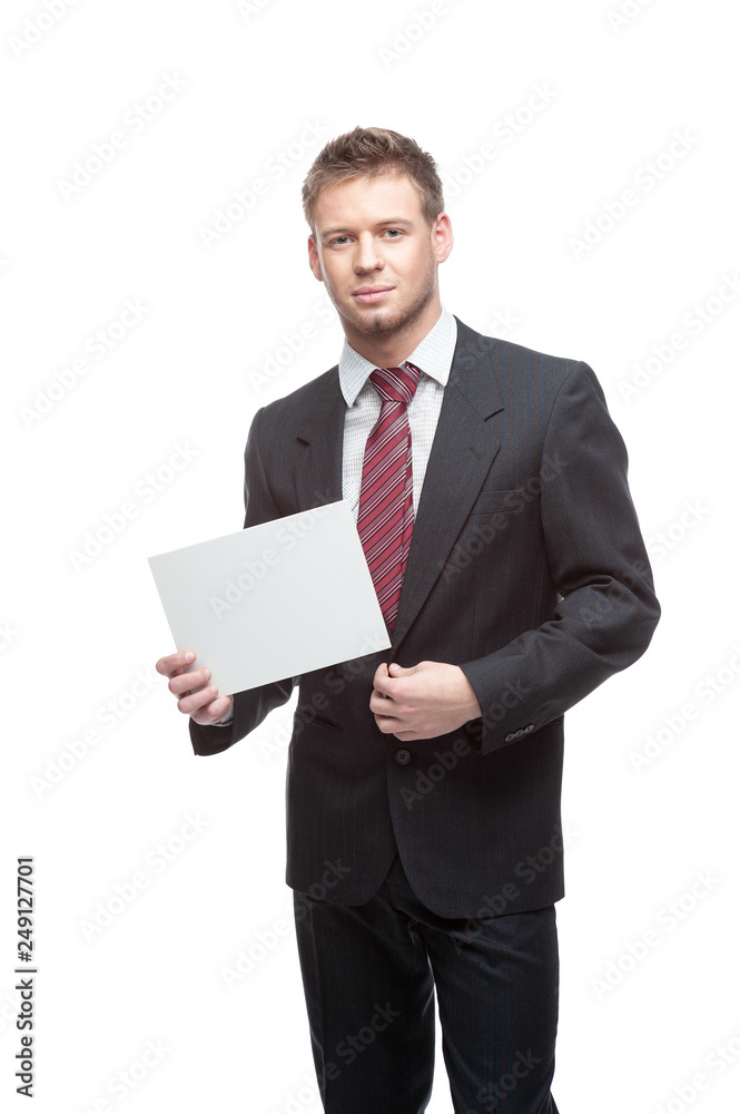 Businessman with blank advertising banner on white Businessman with blank advertising banner on white