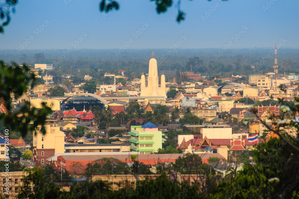 Aerial view of Phetchaburi city with Wat Mahathat Worawihan from hills at Wat Khao Bandai It viewpoint, Phetchaburi Province, Thailand