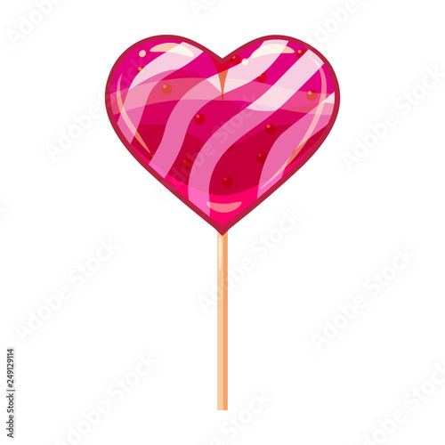 Heart shaped lollipop dessert icon on stick. Sweet food icon. Detailed lollipop icon can be used for art design Valentine s Day. Vector banner, poster, flyer, isolated