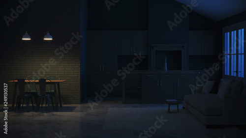 Modern interior of a country house. Interior with dark green kitchen and green brick walls. Night. Evening lighting. 3D rendering.