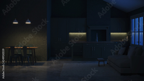 Modern interior of a country house. Interior with dark green kitchen and green brick walls. Night. Evening lighting. 3D rendering.