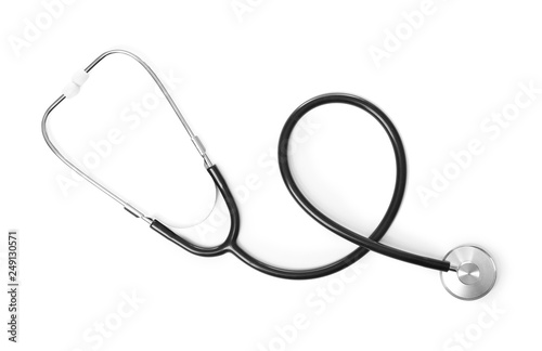 Stethoscope on white background, top view. Medical students stuff