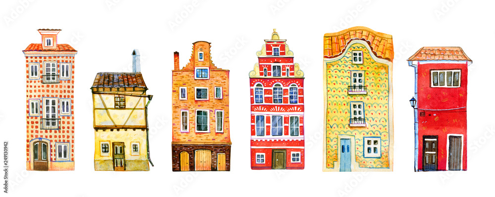 Set of yellow and red old stone europe houses in a row. Hand drawn cartoon watercolor illustration