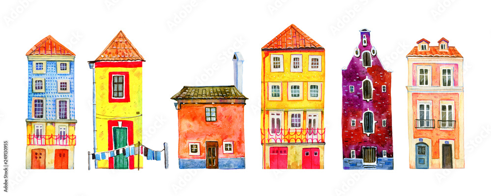 Set of colorful old stone europe houses in a row. Hand drawn cartoon watercolor illustration